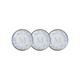 Elegant Blue Floral Monogram Golf Ball Marker