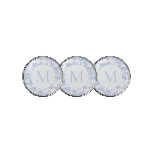 Elegant Blue Floral Monogram Golf Ball Marker (3 Up)