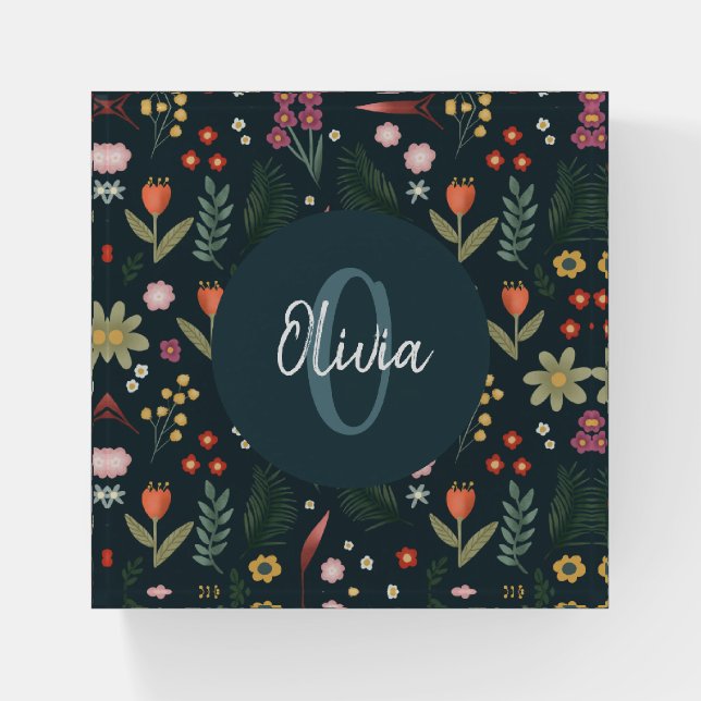 Elegant Blue Floral Monogram Keepsake Paperweight (Front)