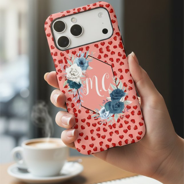 Elegant Blue Floral Monogram & Red Hearts Pattern Case-Mate iPhone Case (Creator Uploaded)