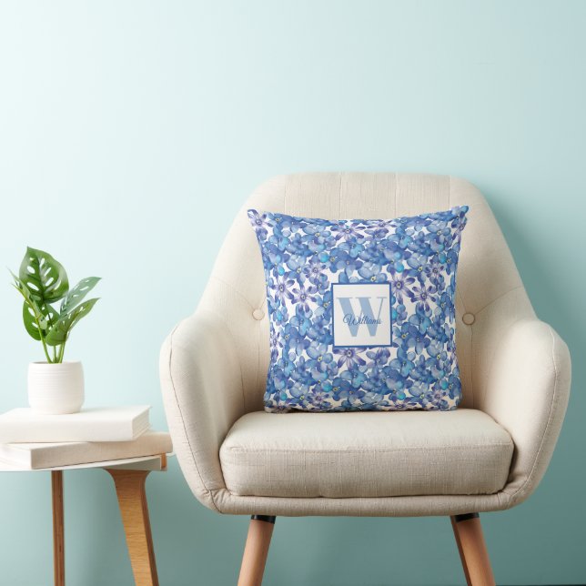 Elegant Blue Floral Monogram  Throw Pillow (Chair)
