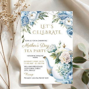 Elegant Blue Floral Mother's Day Tea Party Invitation