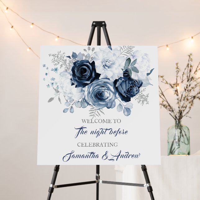 Elegant Blue Floral Night Before Welcome sign (In Situ (Stand))