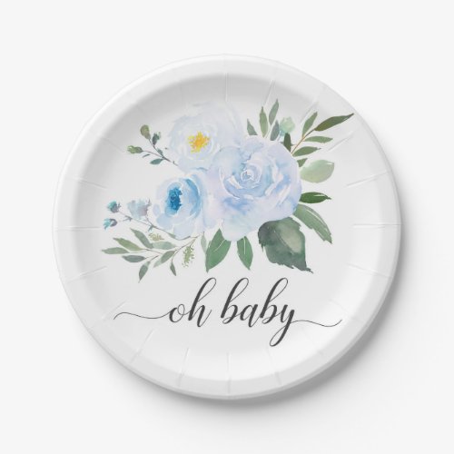 Elegant Blue Floral Oh Baby Shower Plate