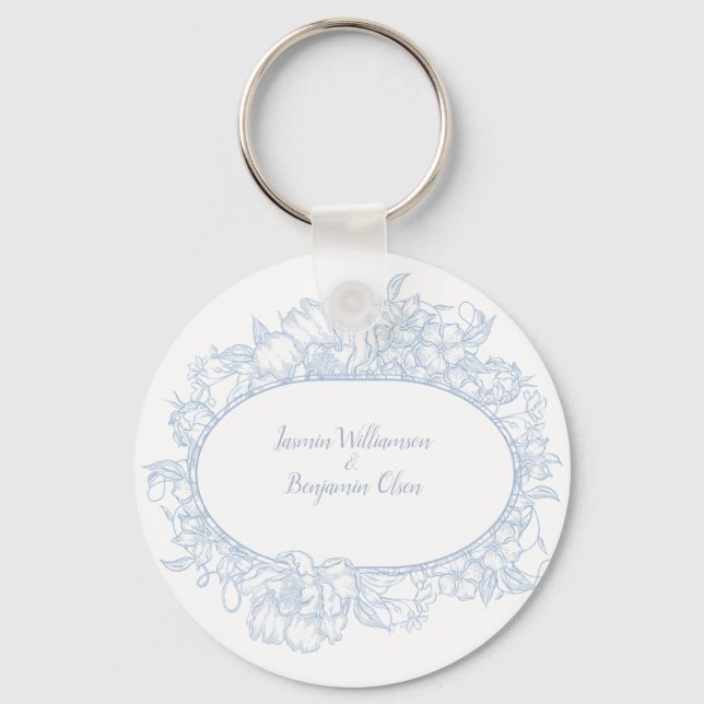 Elegant Blue Floral Open House Wedding  I Keychain (Front)