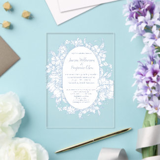 Elegant Blue Floral Open House Wedding Reception I Acrylic Invitations