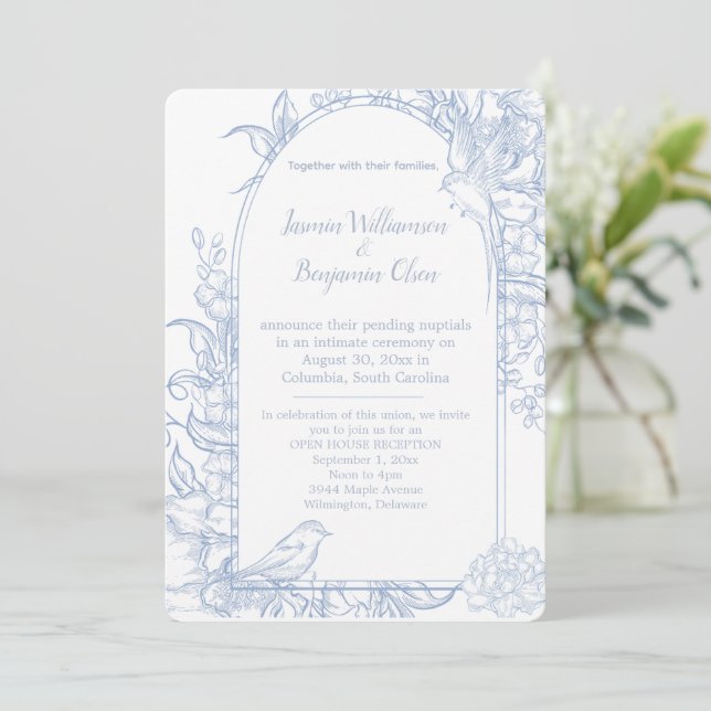 Elegant Blue Floral Open House Wedding Reception I Invitation (Standing Front)