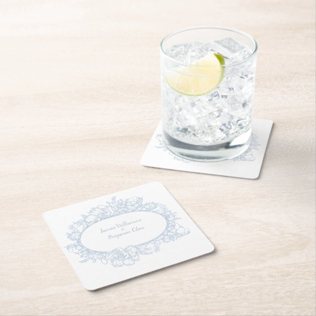 Elegant Blue Floral Open House Wedding Reception I Square Paper Coaster (Insitu)