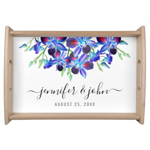 Elegant Blue Floral Orchids Wedding Name Script Serving Tray