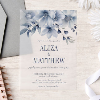 Elegant Blue Floral Overlay Wedding Vellum Invitations