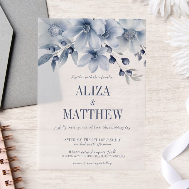 Elegant Blue Floral Overlay Wedding Vellum Invitations (Blue floral vellum overlay wedding invitation, watercolor, blueberries, modern script, elegant )