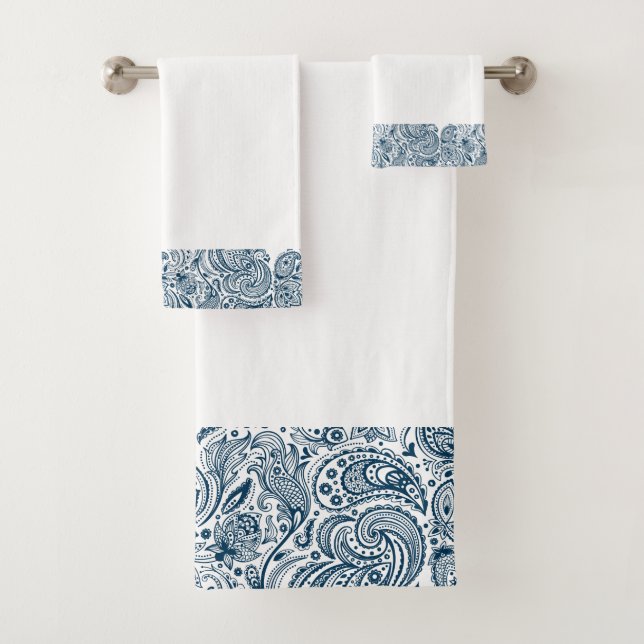 Elegant Blue Floral Paisley Birder Bath Towel Set (Insitu)