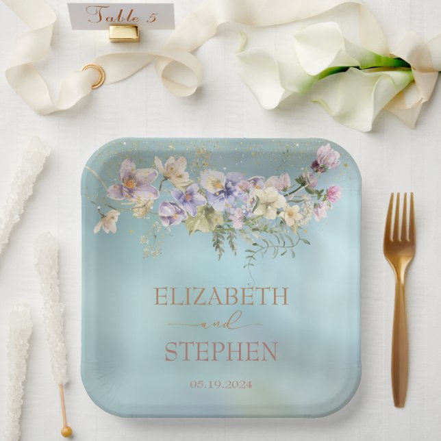 Elegant Blue Floral Paper Plate (Wedding)