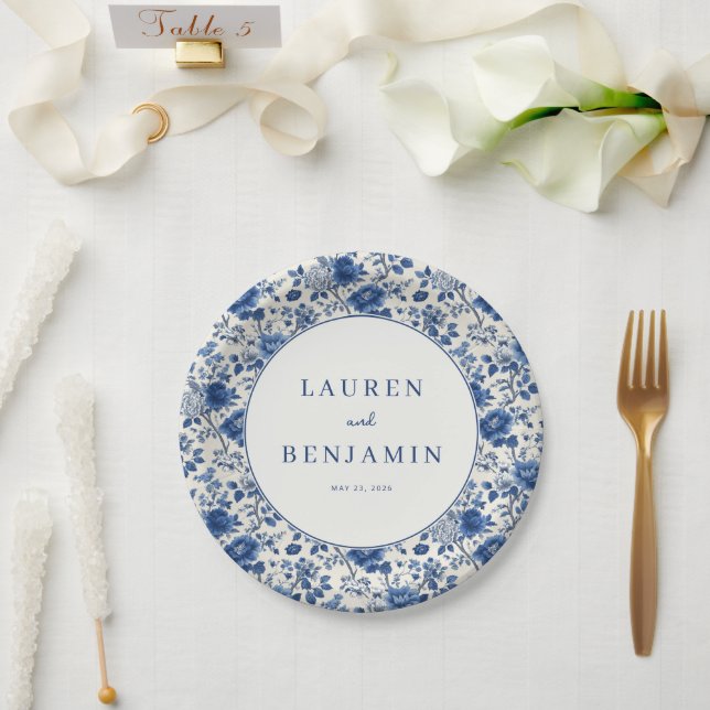 Elegant Blue Floral Paper Plates (Wedding)