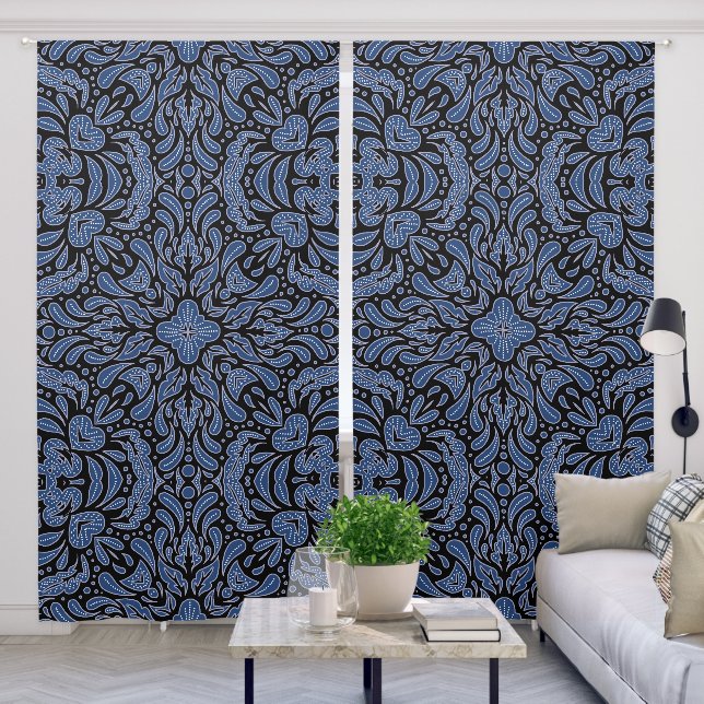 Elegant Blue Floral Pattern Blackout Curtains (Living Room)