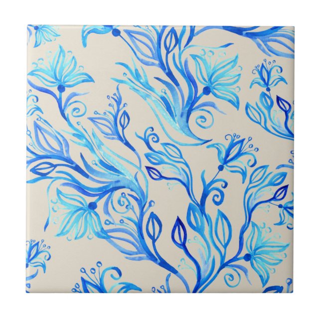 Elegant Blue Floral Pattern  Ceramic Tile (Front)