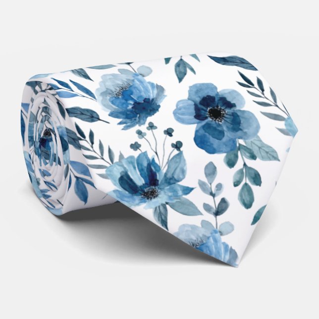 Elegant Blue Floral Pattern For Weddings Neck Tie (Rolled)