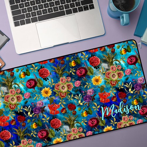 Elegant blue Floral pattern monogram  Desk Mat