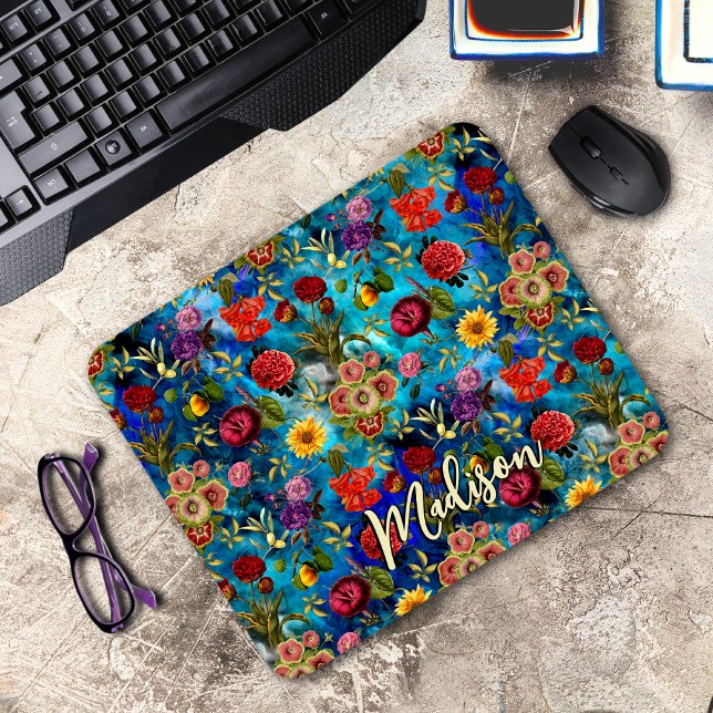 Elegant blue Floral pattern monogram Mouse Pad (Creator Uploaded)