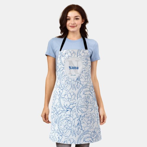 Elegant Blue Floral Pattern Monogrammed Nana Apron