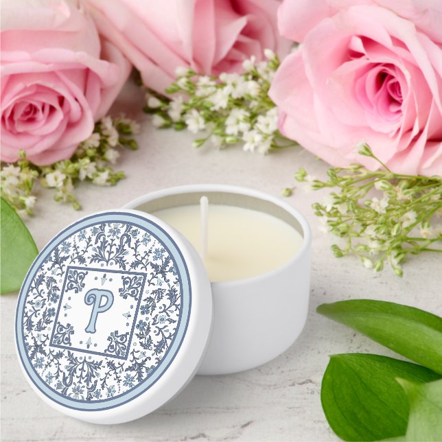 Elegant Blue Floral Pattern Personalized Initial Mini Candle Favors (Insitu (Wedding))