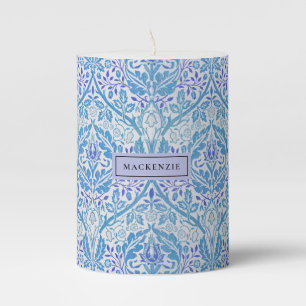 Elegant Blue Floral Pattern Pillar Candle