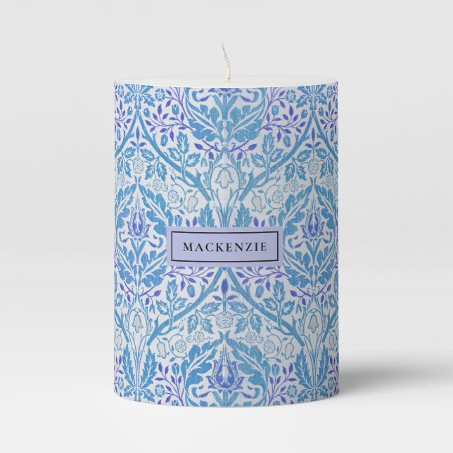 Elegant Blue Floral Pattern Pillar Candle (Front)