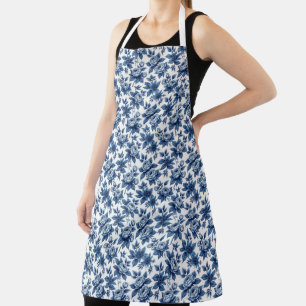Elegant Blue Floral Pattern Vintage Peonies Apron