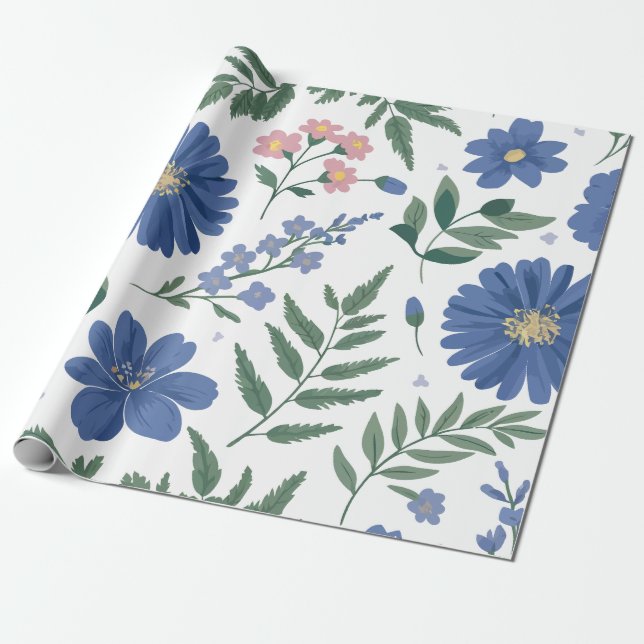 Elegant Blue Floral Pattern with Fresh Greenery Wrapping Paper (Unrolled)