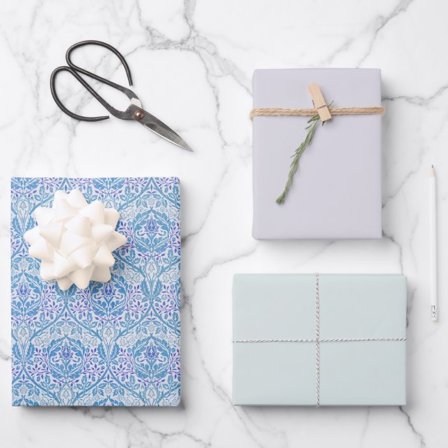 Elegant Blue Floral Pattern Wrapping Paper Sheets (Front)