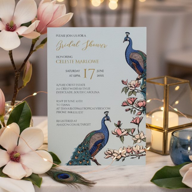 Elegant Blue Floral Peacock Bridal Shower Foil Invitation (Elegant Blue, Gold Foil Floral Peacock Bridal Shower Invitations for Her. Classy Bird Teal Feathers)