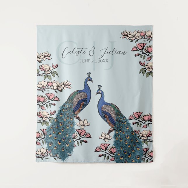 Elegant Blue Floral Peacock Wedding Backdrop (Front)