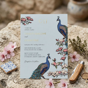 Elegant Blue Floral Peacock Wedding Foil Invitation