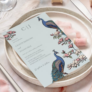 Elegant Blue Floral Peacock Wedding Invitation