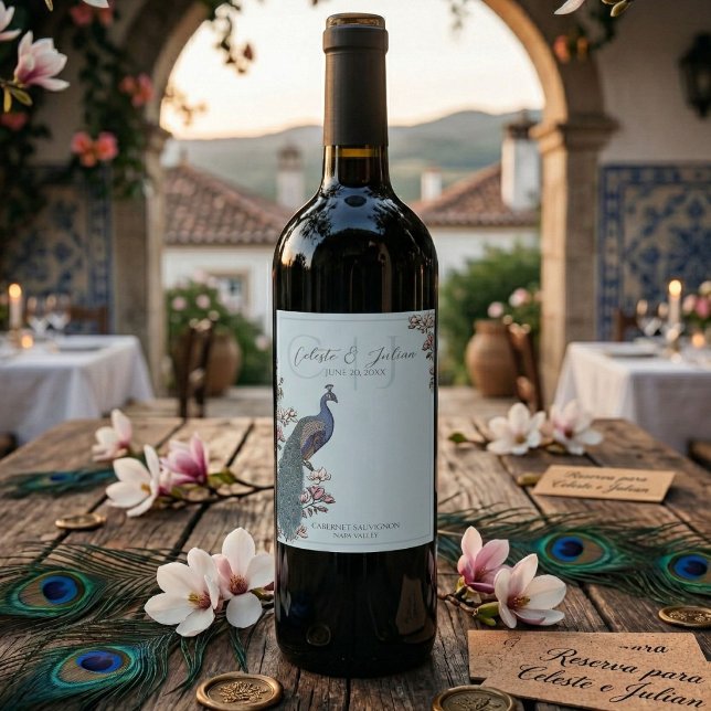 Elegant Blue Floral Peacock Wedding Wine Labels (Monogrammed Peacock Wedding Wine Label with hand-drawn blue and teal peacocks for a romantic wedding)