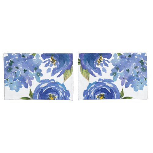 Elegant Blue Floral Peonies and Hydrangea Flowers Pillow Case
