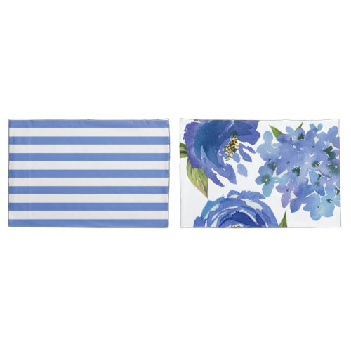 Elegant Blue Floral Peonies and Stripes Pillow Case