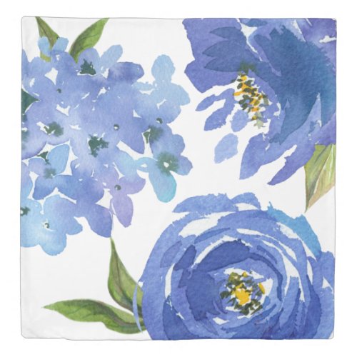 Elegant Blue Floral Peonies  Hydrangeas Duvet Cover