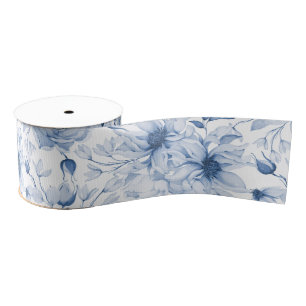 Elegant Blue Floral Peony Grosgrain Ribbon