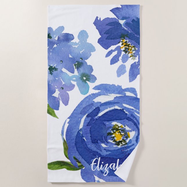 Elegant Blue Floral Peony Watercolor Personalized Beach Towel (Front)
