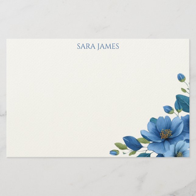 Elegant Blue Floral Personal Stationery Note Card (Front)