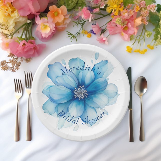 Elegant Blue Floral Personalized Bridal Shower Paper Plates (Creator Uploaded)