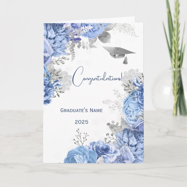 Elegant Blue Floral Personalized Graduation Card (Front)