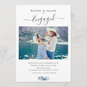 Elegant blue floral photo engagement party invitation