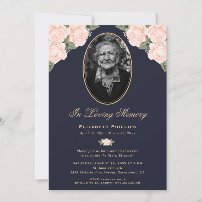 Elegant Blue Floral Photo Funeral Memorial Service Invitation (Front)