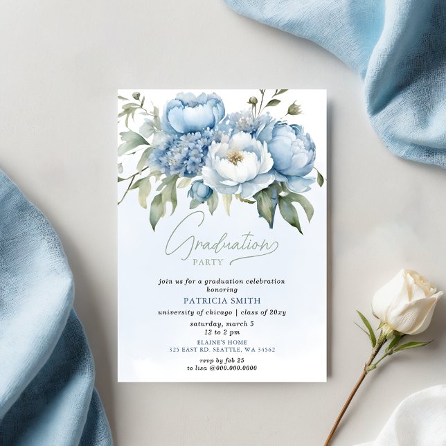 Elegant Blue Floral Photo Graduation Party Invitation (Elegant Blue Floral Photo Graduation Party Invitation)