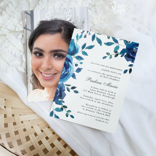 Elegant Blue Floral Photo Quinceaera Invitation