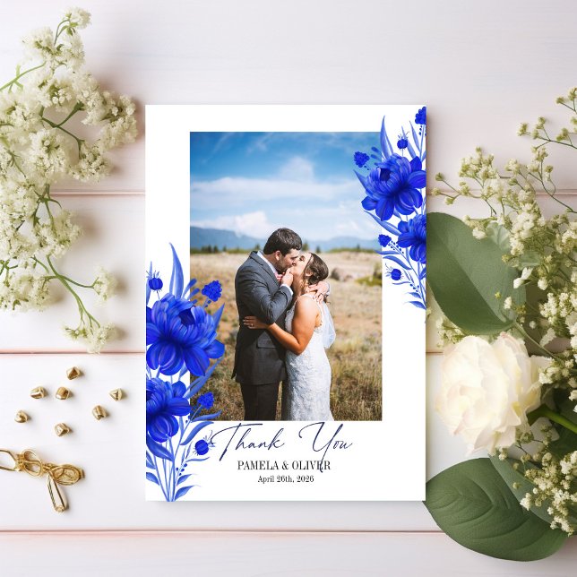 Elegant Blue Floral Photo Thank You Card (Creator Uploaded)