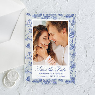 Elegant Blue Floral Photo Wedding Save the Date
