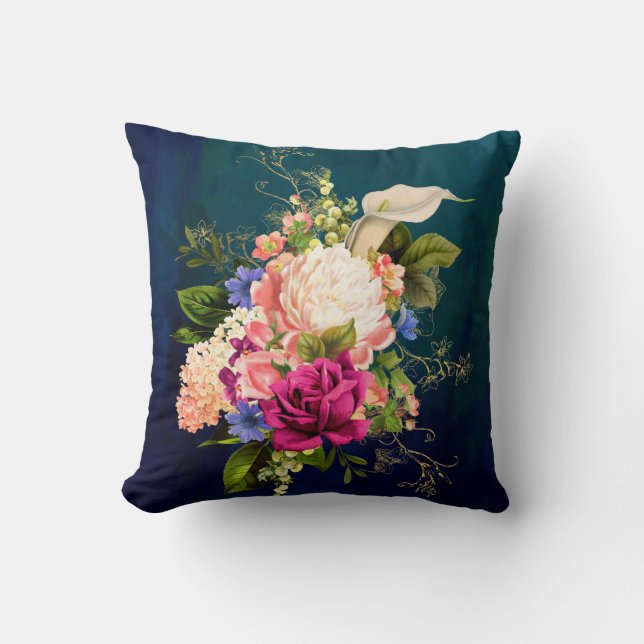 Elegant Blue Floral Pillow (Front)